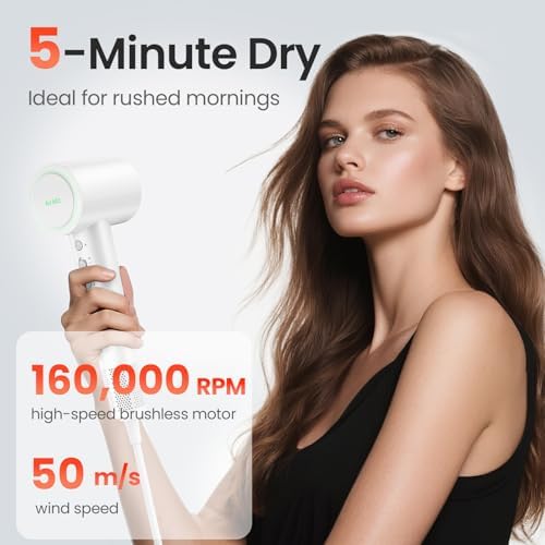 Hair Dryer, 160,000 RPM High-Speed Ionic Blow Dryer for Fast Drying, Professional Lightweight Hairdryer with Diffuser, Magnetic Nozzle, 4 Temps & 2 Speeds, Low Noise for Travel - White - Image 2