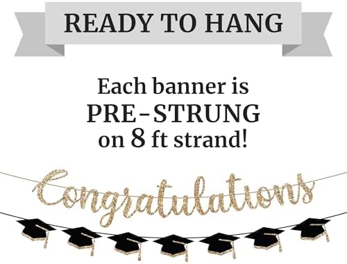 Pre-Strung Congratulations Banner, Gold Glitter Grad Caps Graduation Banner - Image 3