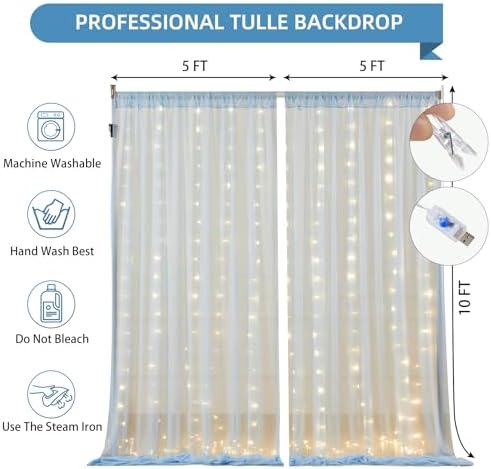 Wish Care 20x10FT Blue Wrinkle Free Backdrop Curtains with Lights String for Parties - Photo Curtain Backdrop with Lights for Wedding Decorations, Bridal Baby Shower Birthday Party Photography - Image 4