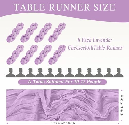 8 Pack Lavender Cheesecloth Table Runner 17x108 inch Boho Gauze Cheese Cloth Table Runners for Wedding Party Baby Bridal Shower Home Decor - Image 2