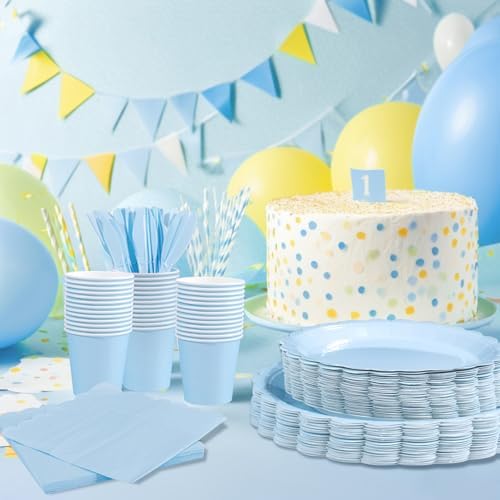 LIYH 350Pcs Light Blue Scalloped Party Plates Set for Boy Baby Shower - Image 3