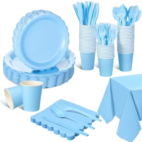 Tegeme 256 Pcs Light Blue Party Supplies Paper Plates Napkins Tablecloths Baby Blue Disposable Plastic Cups Forks Knives Spoons Serve 36 Guests for Birthday Baby Shower Wedding Dinnerware Decoration by Tegeme