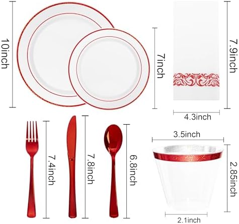 WELLIFE 700 Pcs Red Plastic Plates for 100 Guests - Plastic Dinnerware Set,Party Supplies Includes 200 Red Disposable Plates,300 Silverware,100 Napkins,100 Cups,Valentines Plates - Image 2