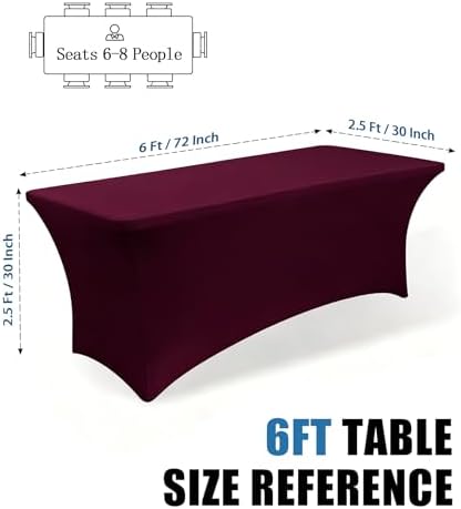 6FT Burgundy Table Cloth - 2 Pack Fitted Stretch Rectangle Spandex Tablecloth, Washable Table Cover for Party, Picnic, Wedding, Banquet, Birthday and Festival(30" x 72") - Image 3