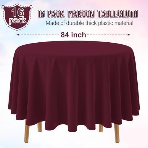 16 Pack Maroon Plastic Tablecloth for Round Tables, Premium Decorative Burgundy Disposable Table Cloths for Parties, Maroon Round Party Table Cover for Birthday Anniversary Graduation, 84 Inch - Image 2