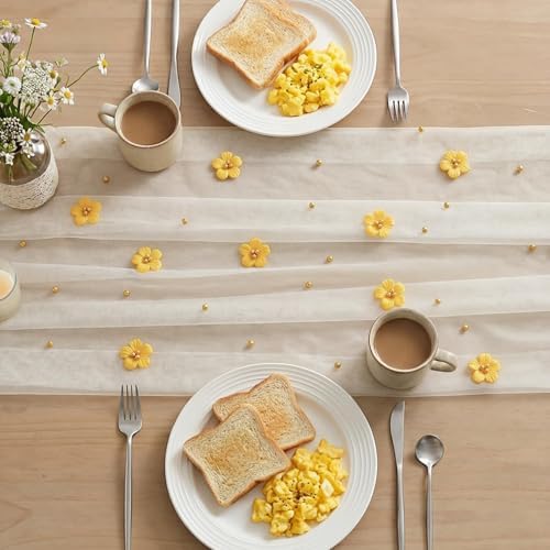 Artoid Mode Yellow Flower Pearl White Gauze Table Runner 10FT, Seasonal Sheer Dining Holiday Wedding Birthday Baby Shower Table Decor for Home Party - Image 5