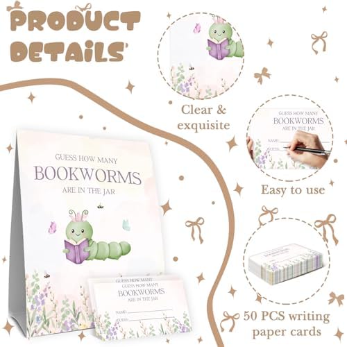 Our Next Chapter Baby Shower Decorations,Guess How Many Bookworms Baby Shower Game,Book Themed Party Decorations,Birthday Party Game & Activities 50 Cards and Sign - Image 3