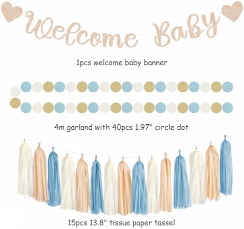 Light-Dusty Blue Beige-Champagne Baby-Shower Party-Decorations - 31pcs Welcome Home Banner Sign,Boy Paper Lanterns,Neutral Streamers Garland,Boho Tissue Pom Poms Flowers Fans Backdrop Decor Burgleda - Image 2