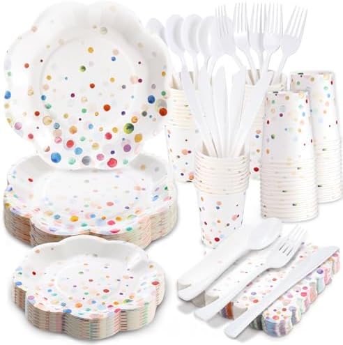 Colorful Birthday Plates and Napkins 350PCS Confetti Colorful Paper Plates Happy Birthday Disposable Tableware Set Serve 50 for Art Paint Party Supplies Bubble Decorations by Gudvilla