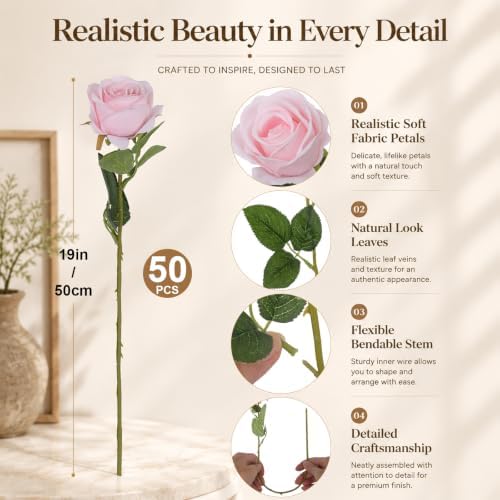 Hananona 50 Pcs Artificial Roses, Realistic Silk Peach Flowers Bulk - Image 2
