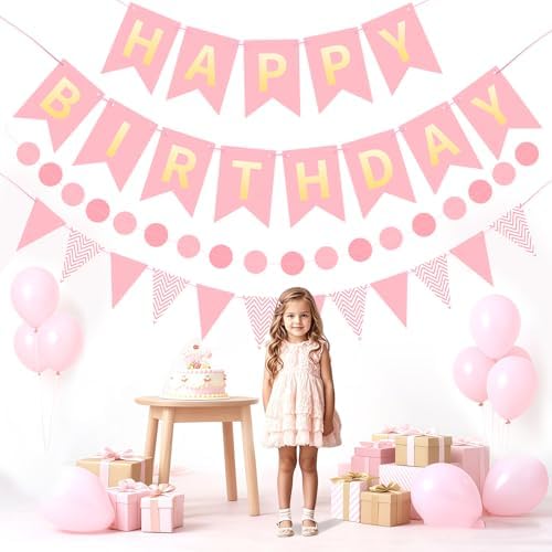 Pink Happy Birthday Banner Hanging Sign Circle Dot Triangle Bunting - Image 3