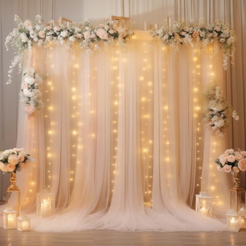 30ft x 8ft Champagne Backdrop Curtain Panels with Lights String for Parties, Sheer Tulle Wedding Backdrop Drapes for Baby Shower Birthday Party Home Decorations - Image 6
