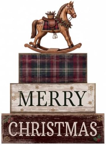 Moucuny 4 Pcs Tartan Plaid Christmas Table Decor, Rocking Horse Wooden Sign by Moucuny