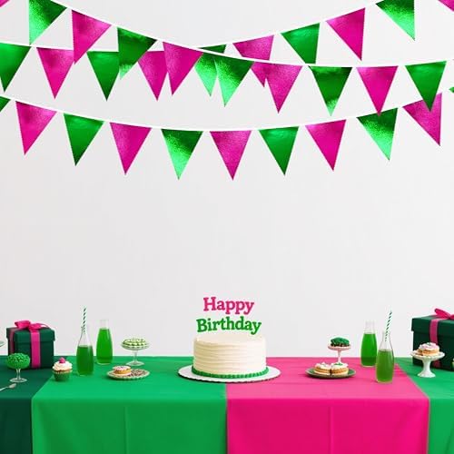 Pink and Green Party Decorations Metallic Hot Pink Light Green Fabric Triangle Pennant Banner Flag Bunting Garland for Witches Theme Birthday Wedding Baby Shower Engagement Bachelorette Party Supplies - Image 4