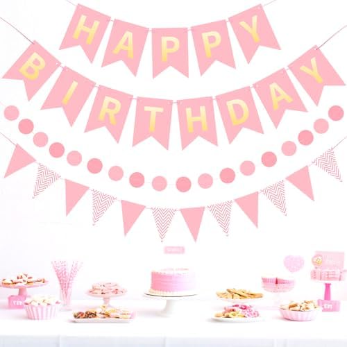 Pink Happy Birthday Banner Hanging Sign Circle Dot Triangle Bunting - Image 2