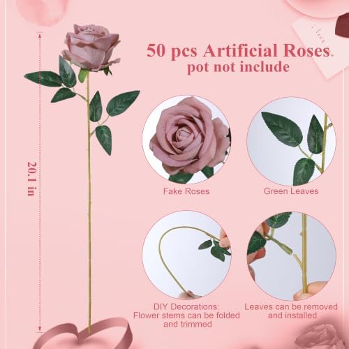 50 PCS Dusty Roses Artificial Flowers, Fake Roses with Stem Realistic Silk Roses for DIY Wedding Bouquets Tables Centerpieces Arrangements Baby Shower Birthday Home Decor Valentine's Day Gift for Her - Image 5