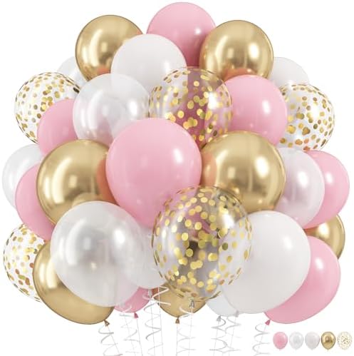 Pink Gold Balloons Set, 60Pcs 12 Inch Pastal Baby Pink Metallic Gold White Balloon with Gold Confetti Latex Balloons for Girls Women Birthday Wedding Baby Bridal Shower Party Decorations Supplies by HILAVO