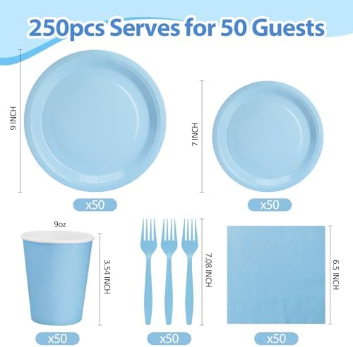 250Pcs Light Blue Paper Plates and Napkins Supplies Include 9’’Paper Party Plates, 7’’Dessert Plate Cups Napkins Forks for Baby Shower, Wedding, Birthday, Serves 50 - Image 2