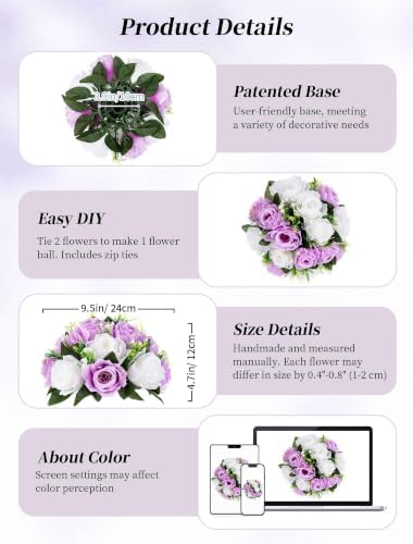 BLOSMON Lilac Purple Flowers Artificial: 2 Pcs Fake Roses Flower Balls Centerpiece for Wedding Table Decoration- Artificial Silk Kissing Bouquet Floral Arrangement for Home Party Event Decor - Image 5