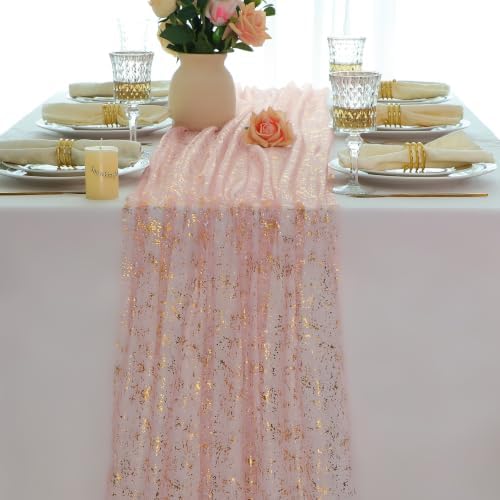 10Pcs Blush Pink Gold Table Runner 10ft Metallic Foil Glittery Sheer Gauze by Snowkingdom