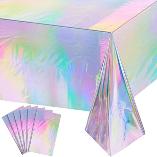 6 Pack Iridescence Plastic Tablecloths Shiny Disposable Laser Rectangle Table Covers Holographic Foil Tablecloth Iridescent Party Decoration Birthday Bridal Wedding Christmas 54" x 108"(Laser) by EnjoyYourFunnyParties