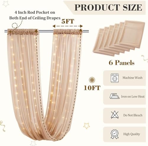 6 Panels Deep Champagne Ceiling Curtains with Lights for Weddings - 5ftx10ft Wrinkle-Free Tulle Fabric Wedding Arch Draping Ceiling Drapes Decorations for Wedding Party Ceremony Stage Tent Event - Image 2