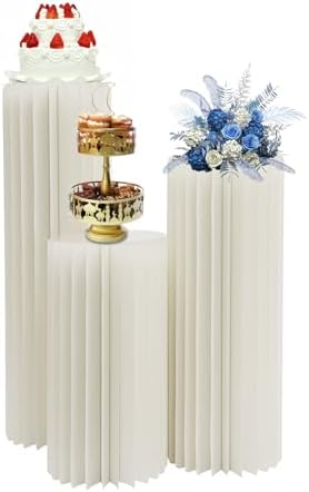 Cylinder Stands for Party,Set of 3, Foldable Cardboard Centerpiece Display,,White Cylinder Stands for Party, Reusable Wedding Decorations, Pedestal Stands for Parties. 3-Size Set - 55-66LBS Load-Bearing Folding Hexagon Displays, Wedding or Birthday Eve... by IOENC