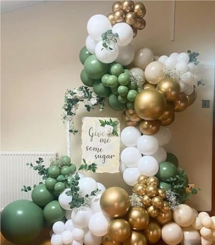 MEBAY Sage Green White Gold Balloon Garland Arch Kit, 146Pcs Latex Balloons Different Sizes 18 12 10 5 Inch for Birthday Baby Shower Gender Reveal Wedding Party Decoration - Image 4