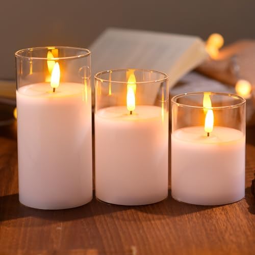 Tyawon Glass Battery Operated LED Flameless Candles with Remote and Timer, Real Wax Candles Warm Color Flickering Light for Festival Wedding Home Party Decor(Pack of 3)-White - Image 4
