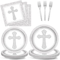 96Pcs Baptism Cross Plates and Napkins First Holy Communion Birthday Party Decorations Gray Religious Christening Ceremony Dessert Plates Tableware Set for 24 Guests Cross Baptism Party Supplies by CHUNNIN