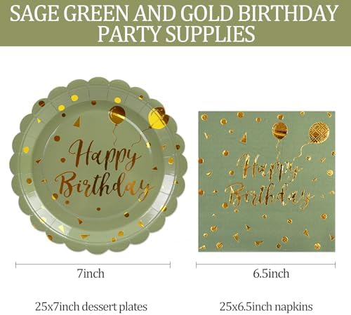 50PCS Happy Birthday Paper Plates and Napkins Set - 7 Inch Sage Green and Gold Birthday Cake Plates Scalloped Dessert Plate Disposable Tableware for Birthday's Party Supplies Decorations - Image 3
