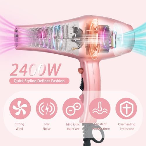 Ionic Hair Dryer,2400W Negative Ion Low Noise Hair Dryer Professional Fast Drying Hair Dryers with 2 Speeds, 3 Heat Settings, Cooling Button,with Diffuser for Curly and Straight Hair（Sakura Pink） - Image 2