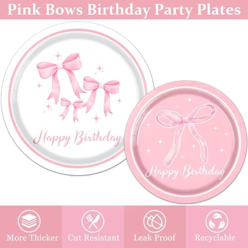 Pink Bow Birthday Party Supplies Serve 24, Coquette Birthday Decorations Include Bow Plates Napkins Cups Banner Tablecloth Cake Topper Balloons Bow Theme Tableware for Girls Bachelorette Decor - Image 3