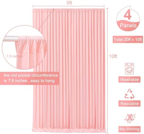 4 Panels Blush Pink Backdrop Curtain for Parties Baby Shower Wrinkle Free Pink Photo Curtains Backdrop Drapes Fabric Decoration for Wedding Birthday Party 20ft(W) x 10ft(H) - Image 5