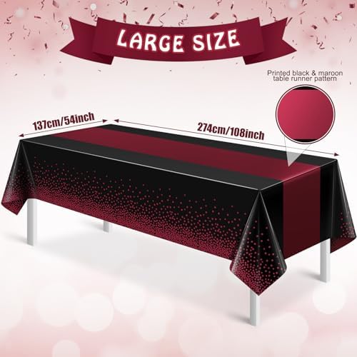 1Pcs Black and Maroon Tablecloth Party Decorations,Plastic Black Table Cloth Printed Maroon Table Runner Disposable Rectangle Table Cover for Birthday Wedding Graduation Anniversary Party,54x108Inch - Image 2