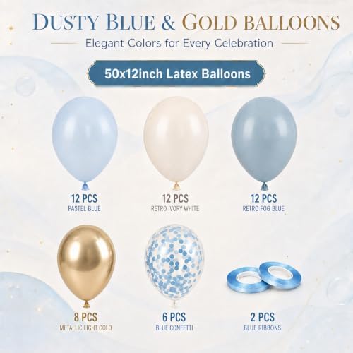 Dusty Blue and Gold Balloons, 12 Inch Blue Gold Balloons, Retro Fog Blue Metallic Golden White Confetti Balloons Latex Balloon for Wedding Baby Shower Gender Reveal Birthday Party Decoration - Image 2