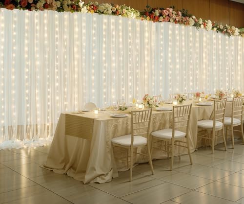 Ivory Tulle Backdrop Curtains with Lights String for Parites Wedding 20×10ft Ivory Sheer Backdrop Curtains for Baby Shower Birthday Party Photo Shoot Background Decorations(4 Panels 5ft×10ft) - Image 5