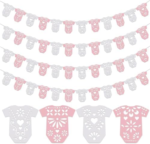 AmazingSpark White and Pink 4 Set Cielito Lindo Baby Shower Garland 48 Pcs Papel Picado Party Decoration Mexican Lace Baby Bodysuit Banner Card with Hanging String for Gender Neutral Party Supplies by Unknown