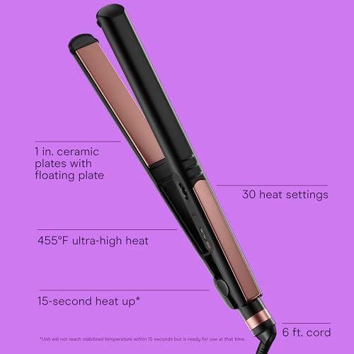INFINITI PRO CONAIR Rose Gold Ceramic Flat Iron Hair Straightener, 1-Inch Flat Iron with Extra-Long Plates, including a Floating Plate, Advanced Heat Technology, Black - Image 2