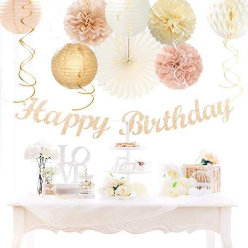 Champagne-Gold Beige Fall Boho Birthday Party-Decorations - 21pcs Autumn Neutral Retro Happy Banner,Girl One Sweet Peach Paper Streamers Lanterns,Tissue Pom Poms Fan,Rustic Backdrop Decor Huglony - Image 4