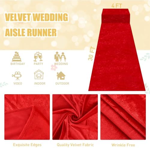 FUHSY Red Carpet Aisle Runner for Wedding Ceremony 4ft x 30ft Velvet Wedding Aisle Runners Party Runner Rug Wedding Runner Aisle Outside Aisle Runners for Weddings Bridal Shower Red Aisle Decorations - Image 2