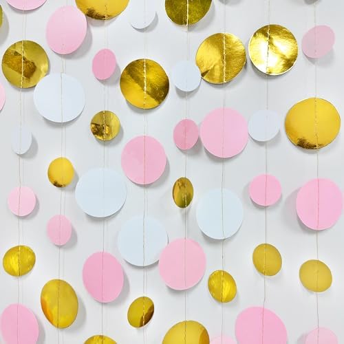 Gold and Pink Party Decorations Circle Dots Garland Metallic Gold Light Pink and White Hanging Polka Dot Streamer for Women Girl Birthday Bridal Shower Wedding Princess Party Supplies - Image 4