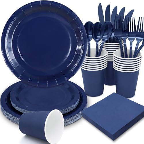 168Pcs Navy Blue Party Supplies for Navy Blue Party Decorations includes Paper Plates and Napkins Cups Utensils,Blue Disposable Plates Set for Boy Baptism Birthday Graduation Serve 24 Guests by Gudvilla