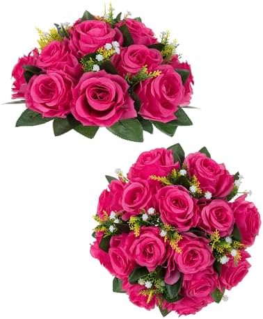 BLOSMON Hot Pink Flowers Artificial: 2 Pcs Fake Rose Balls Centerpieces by Blosmon