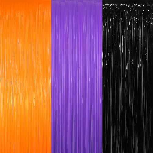 GOER 3.2 ft x 8.2 ft Metallic Tinsel Foil Fringe Curtains for Halloween Birthday Graduation New Year's Party Decorations(1 Pack,Black&Orange&Purple) by GOER