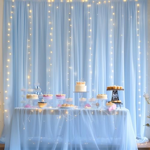 20ft x 10ft Blue Backdrop Curtain with Lights String for Parties, Sheer Tulle Wedding Photo Backdrops Drapes for Baby Shower Birthday Party Decorations Background for Photography - Image 6