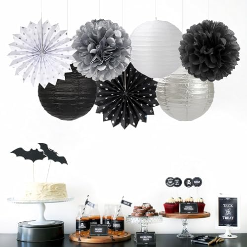 Black White Silver Party Decorations - 20pcs New Year Men Birthday Paper Lanterns Fans,Tissue Pom Poms,Honeycomb Balls,Bunting,Wedding Bachelorette Bridal Graduation Baby Decor Burgleda - Image 5
