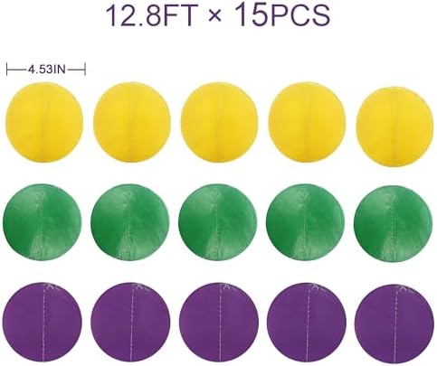 205 Ft Mardi Gras Party Decorations Purple Green Yellow Circle Dot Backdrop Garland Tissue Paper Polka Dots Hanging Streamer for Mardi Gras Birthday Wedding Baby Shower Masquerade Party Supplies - Image 2