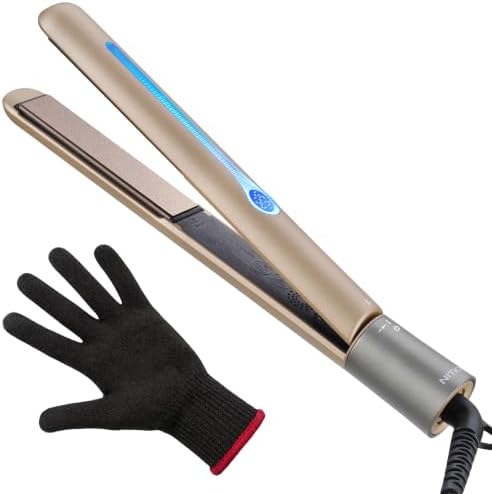 NITION Ceramic Tourmaline Hair Straighteners LCD Flat Iron MCH 10s Fast Heating Up. 1" Smooth 3D Floating Plate Healthy Straightening Tools. Heat-Proof Glove. Dual Voltage Travel. Champagne Gold by NITION