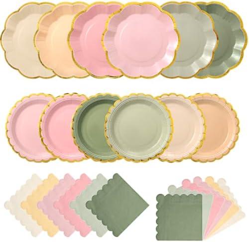 72 Pcs 24 Guests Sage Green and Pink Paper Plates and Napkin Party Supplies by Skybooly